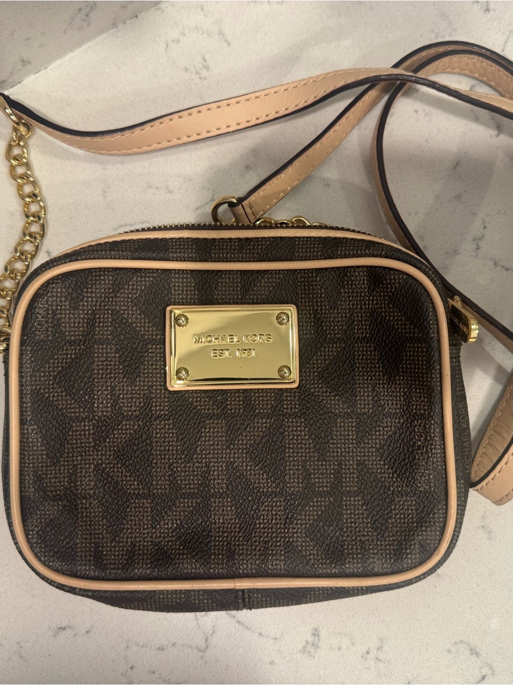 Michael Kors Brown Signature Logo Crossbody with Tan Trim and Gold Plate